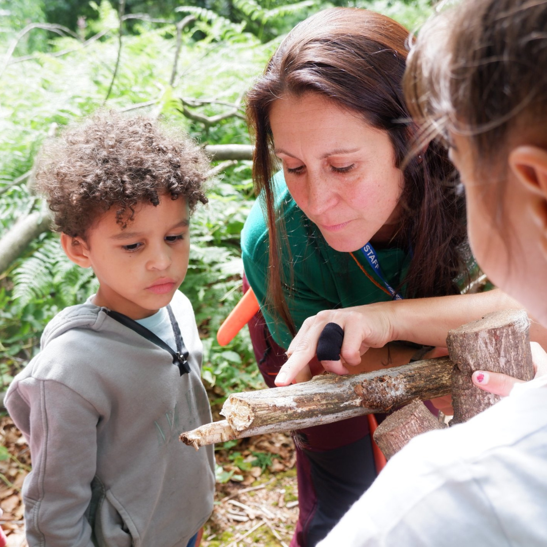 Forest School Leader and two children looking for insects on a piece of wood