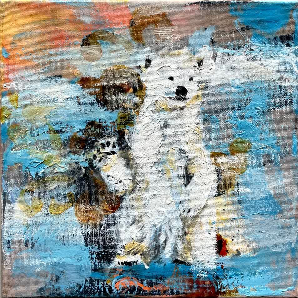 Eisbär winkt, expressives Ölbild, kleines Format