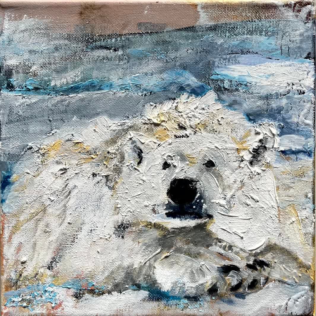 liegender Eisbär, expressives Ölbild, kleines Format