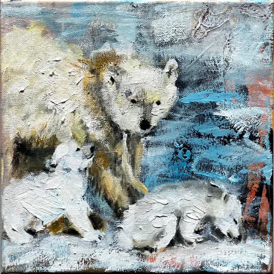 Eisbärfamilie, expressives Ölbild, kleines Format