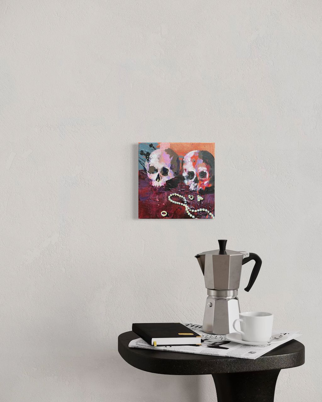 Carpe Diem/Totenkopf Gemälde, positiv, mit Humor in moderner Einrichtung, Wohnen mit Kunst