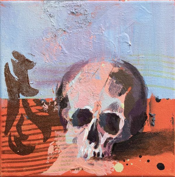 Einzelner Totenschädel vor abstraktem Hintergrund mit grafischen Elementen, Acrylbild in Orange und Hellblau