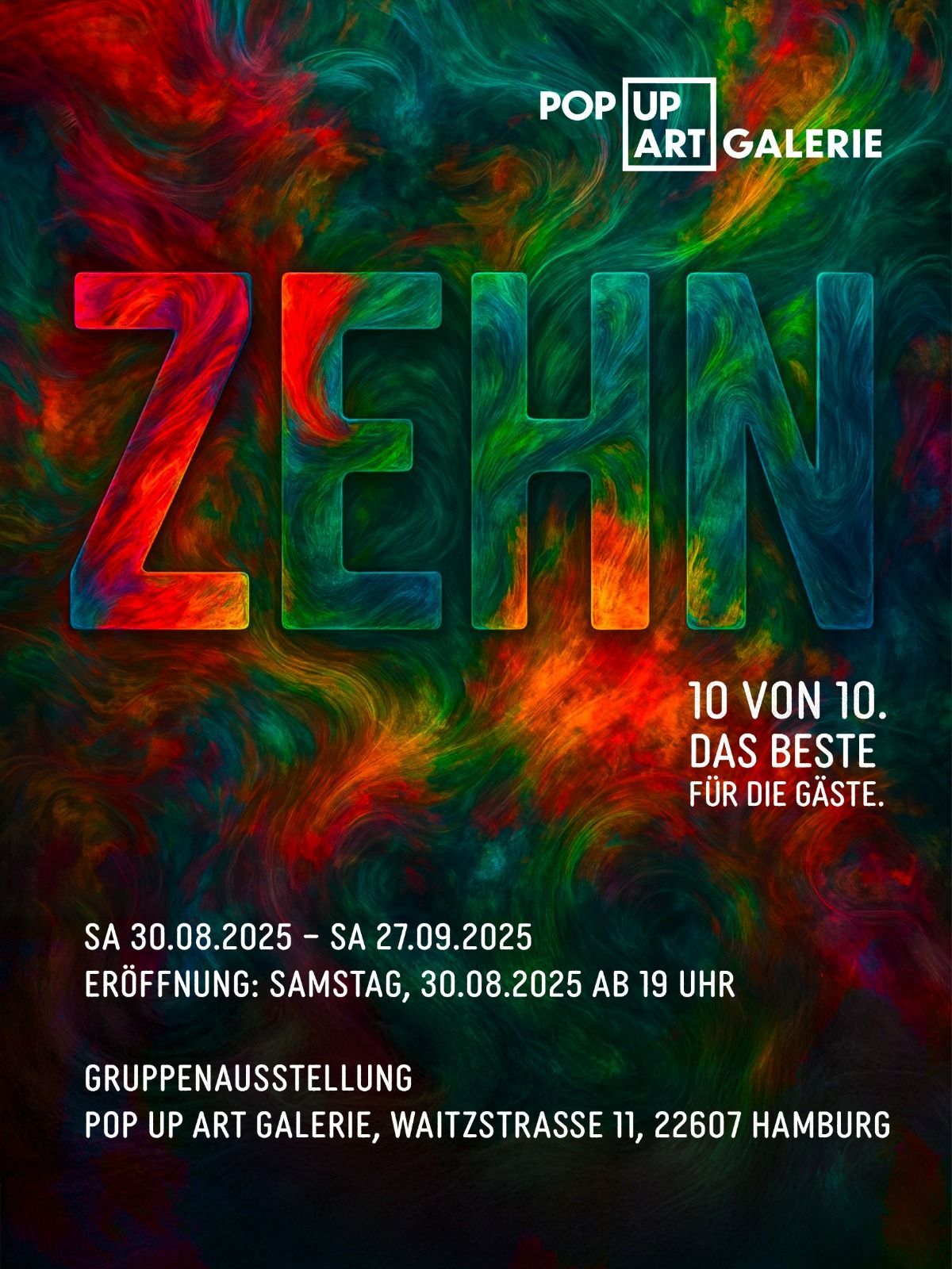 Poster für die Gruppenausstellung der POP UP ART GALERIE in Hamburg, Titel 'Zehn von Zehn'