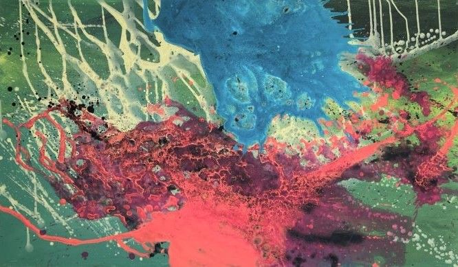 abstrakte Malerei in blaugrün und korallenrot: