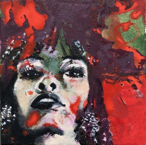 Frauenprotrait abstrakt, Untersicht, rot violett, sinnlicher Blick