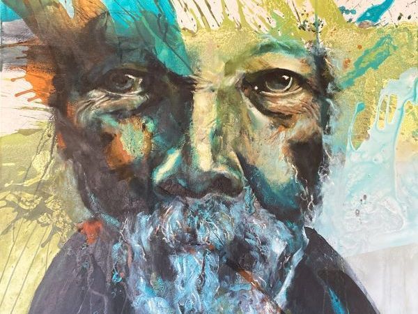 Piet- Portrait, Mann mit Bart, strahlt Lebensfreude und Erfahrung aus, ton in to mit grün, blau, türkis mit rotbraun 