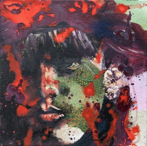 Frauenprotrait abstrakt, Untersicht, rot violett, sinnlicher Blick