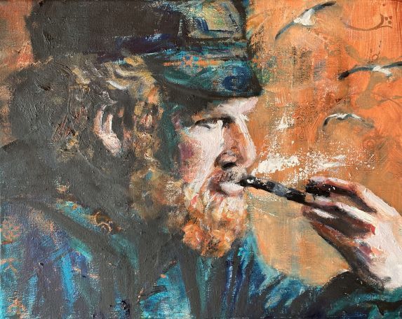 Rothaariger Seemann mit Pfeife, Bart, blauer Troyer, Kappe