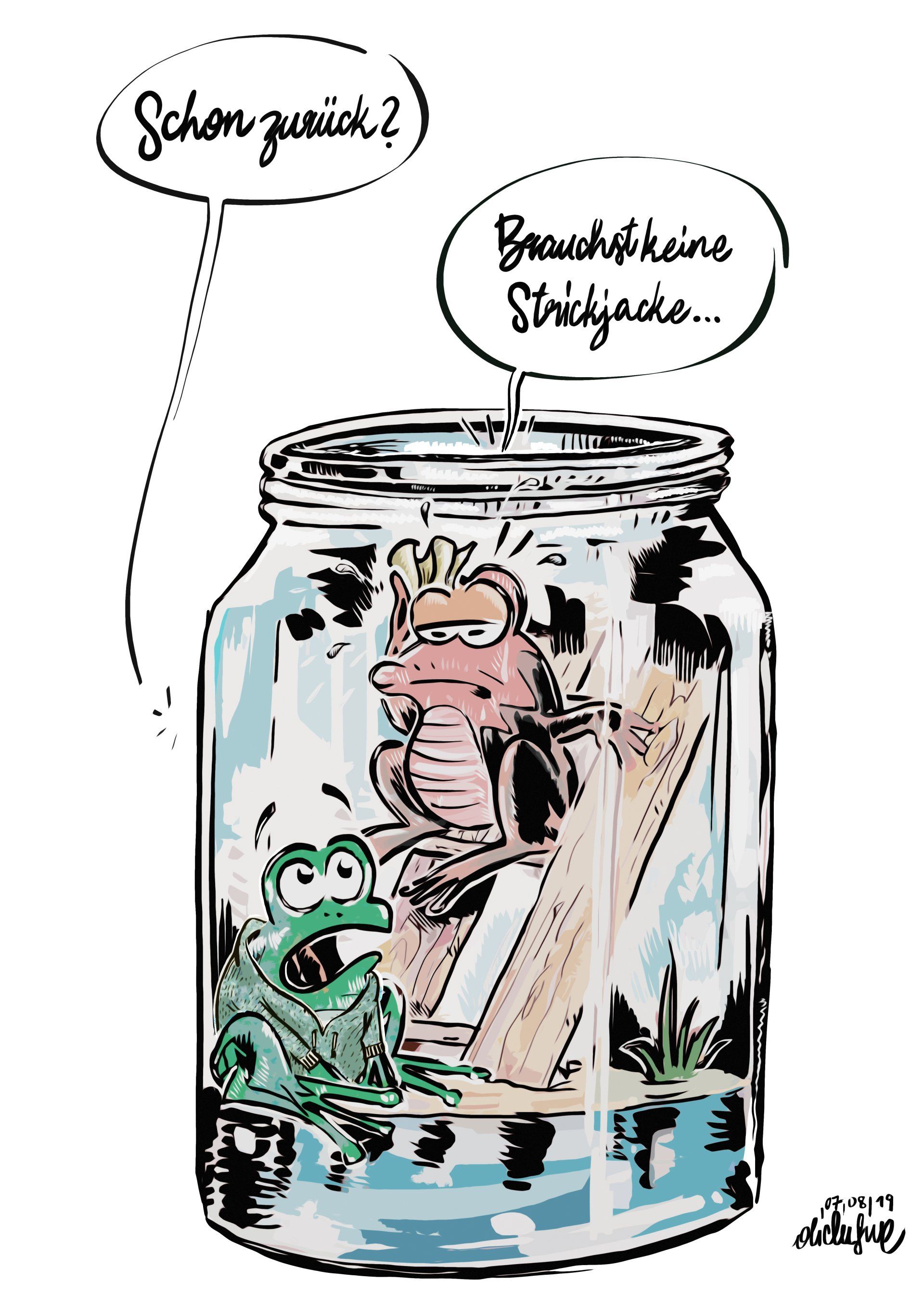 Cartoon *Sein kein Wetterfrosch* - Wie es funktioniert. Frosch aus dem Gals nehmen und wenn er dann ganz nass zurück kommt, regnet es warscheinlich. August 2019