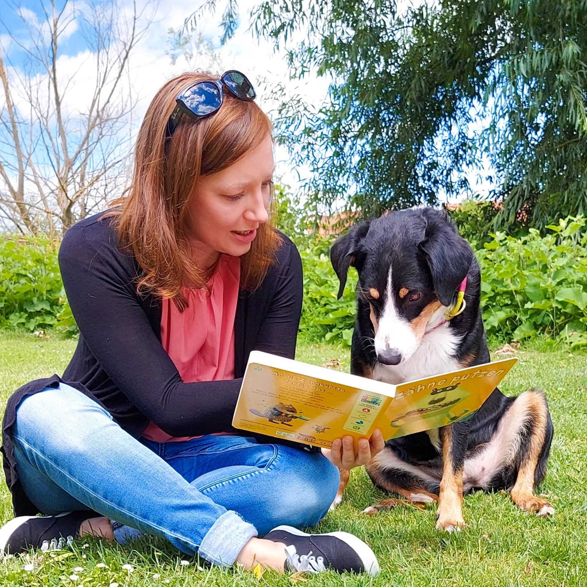 Lesehund Ronja Foto, auf dem einem Hund aus einem Buch vorgelesen wird