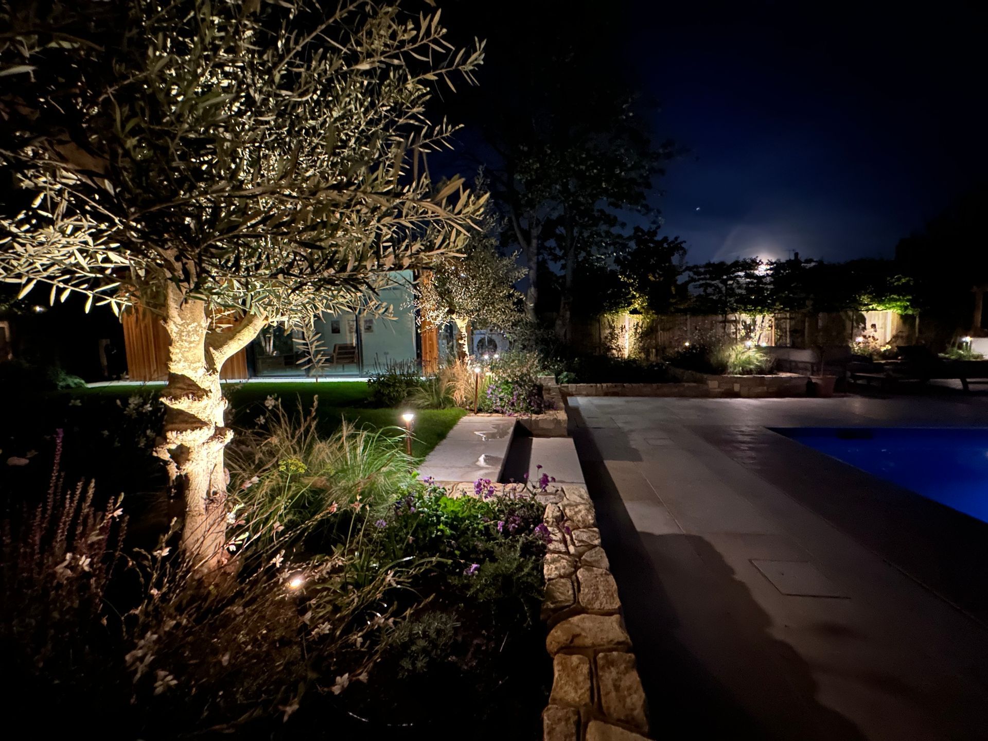 LED Outdoor lights fitted into a tree lined path with stone wall
