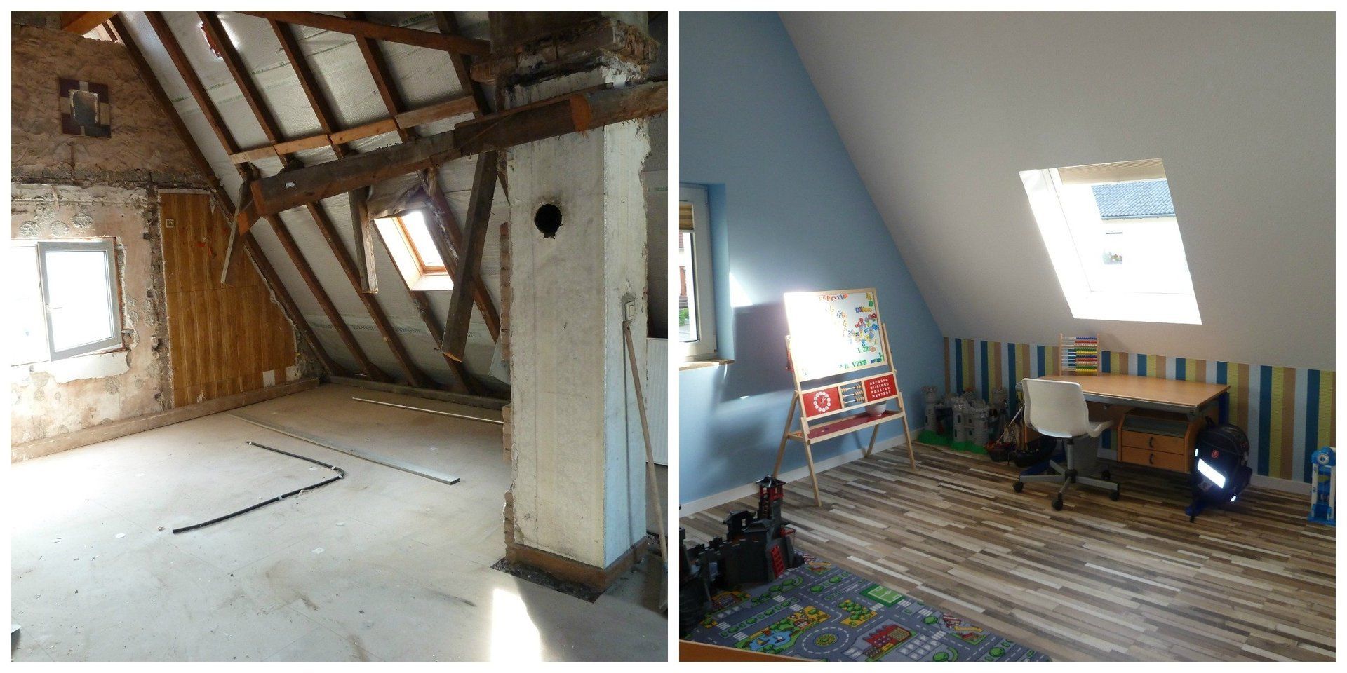vorher / nachher Kinderzimmer-Dachausbau Altbausanierung