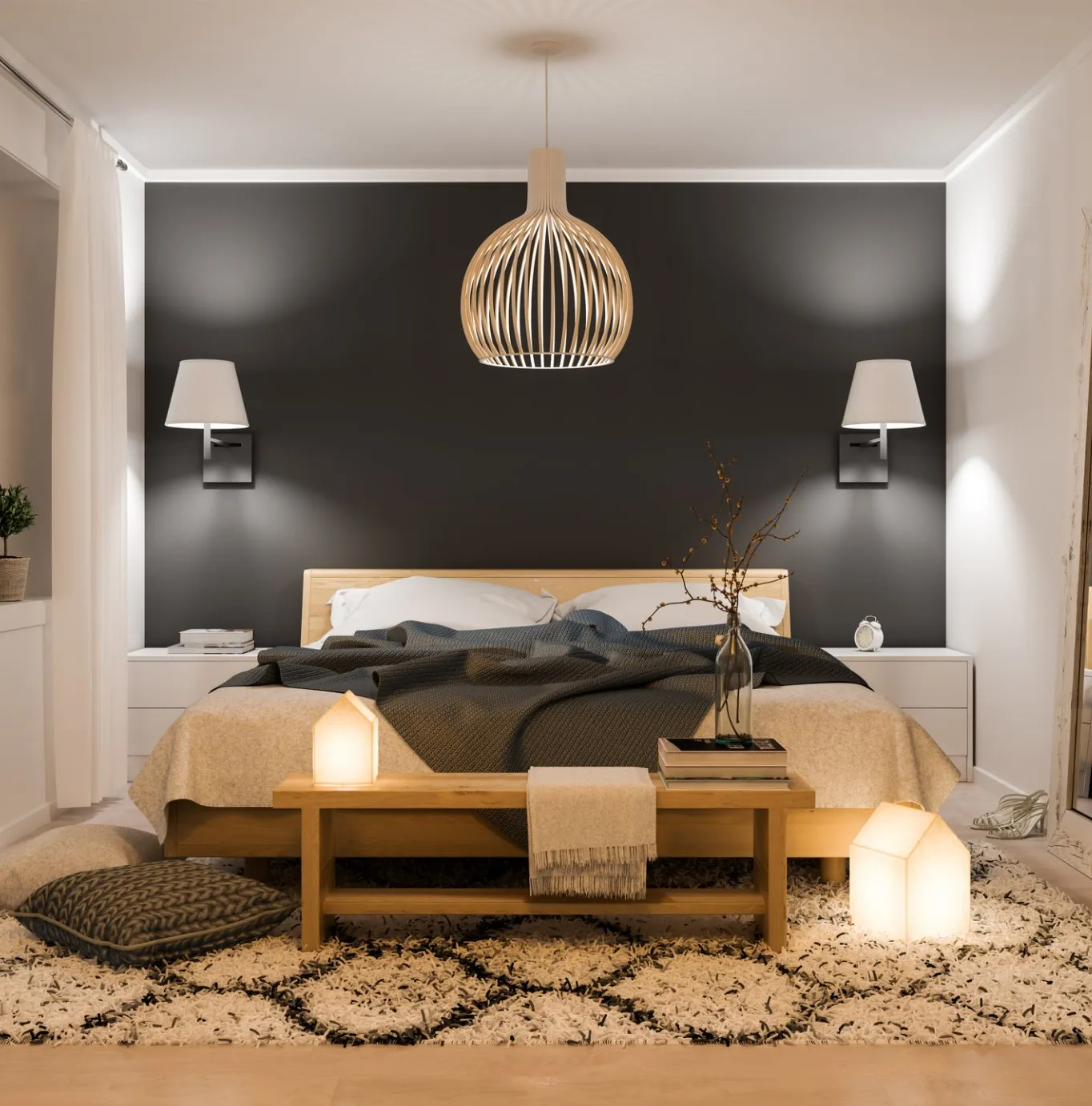 Hotelzimmer mit Bett und Lampen