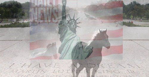 The Daily News index symbol at the Washington monument with the Statue of Liberty wild horses in Martin Luther King Jr's famous speech I had a dream. 