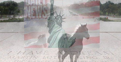 The Daily News index symbol at the Washington monument with the Statue of Liberty wild horses in Martin Luther King Jr's famous speech I had a dream.
