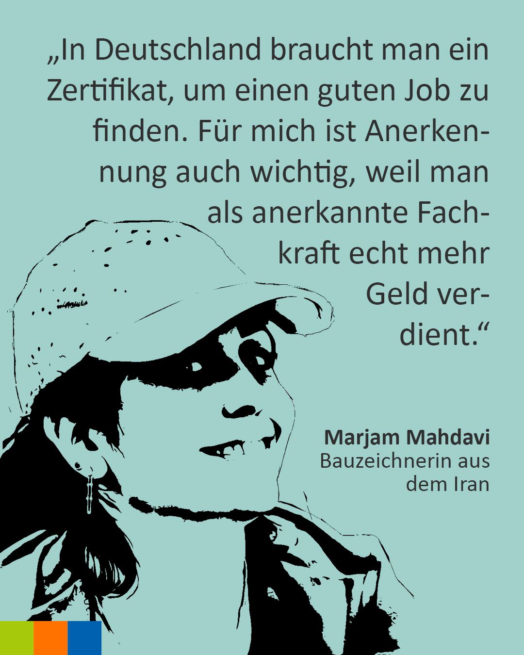 Adventskalender-Bild mit einer Aussage einer Bauzeichnerin aus dem Iran