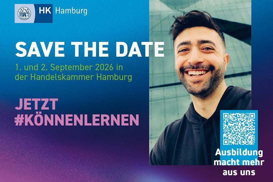 Ein Bild mit einem lachenden jungen Mann weist auf die Lehrstellenbörse der Handelskammer Hamburg am 1. und 2. September 2026 hin. Das Motto lautet