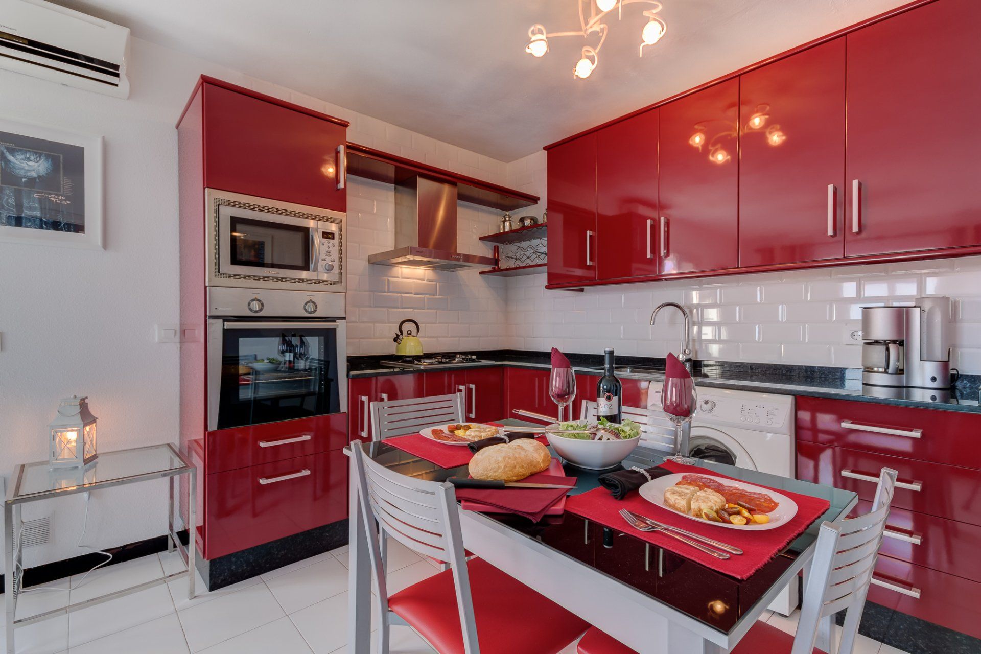 close up of the kitchen and dining table with continental style food on the table