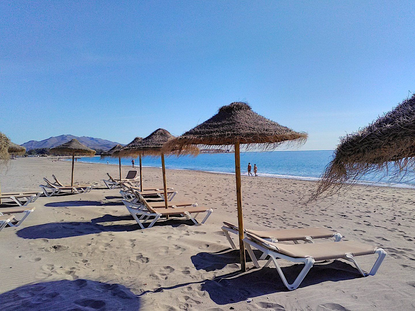 sun beds and parasols on the sand with a few naked people wandering along the shore line