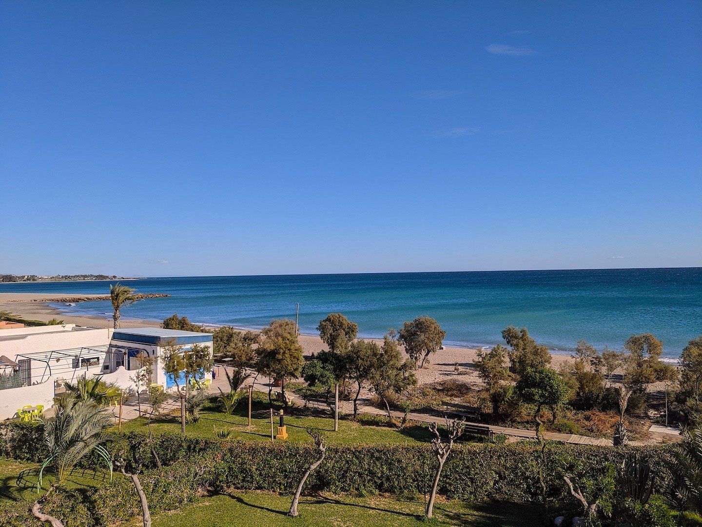 looking north across the hedges and small trees onto the sandy beach and the sea beyond