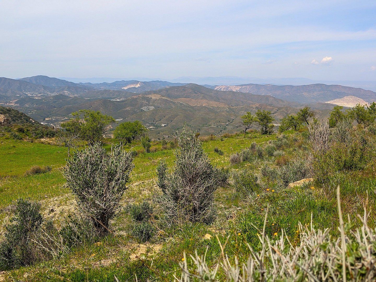 a panoramic view of the countryside and mountains on a warm hazy day