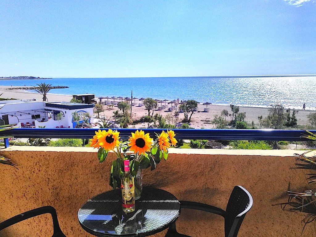 a vase of beautiful big yellow sunflowers and a bottle of wine are on the table on the terrace with a view of the beach beyond