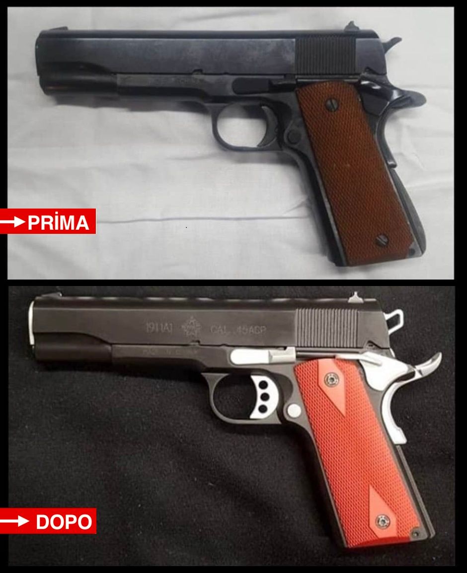 1911 NORINCO CUSTOM CON TRATTAMENTO CERAKOTE E SOSTIZIONE GRILLETTO, SICURA, SICURA DORSALE, GUANCETTE, VITI GUANCETTE E CANE SCHELETRATO CON INTERO TRATTAMENTO CERAKOTE