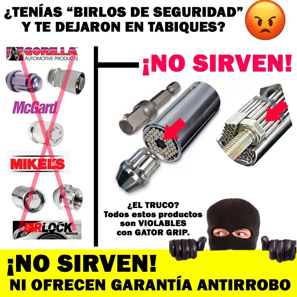 Birlos de seguridad que no sirven retiran con gator grip