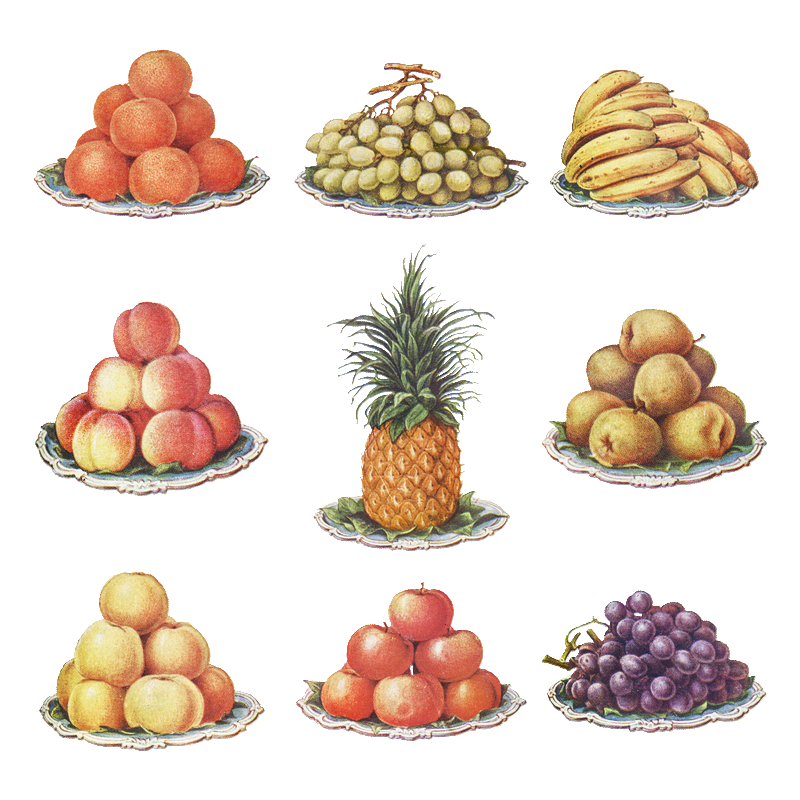 Coupe de fruits, avec en centre d'illustration l'ananas Roi