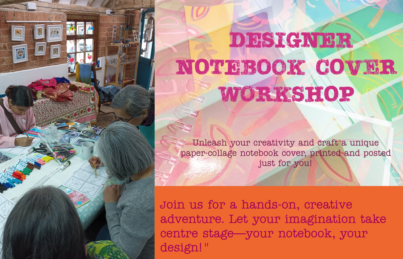 Poster advertising an adult creative workshop in Warwickshire