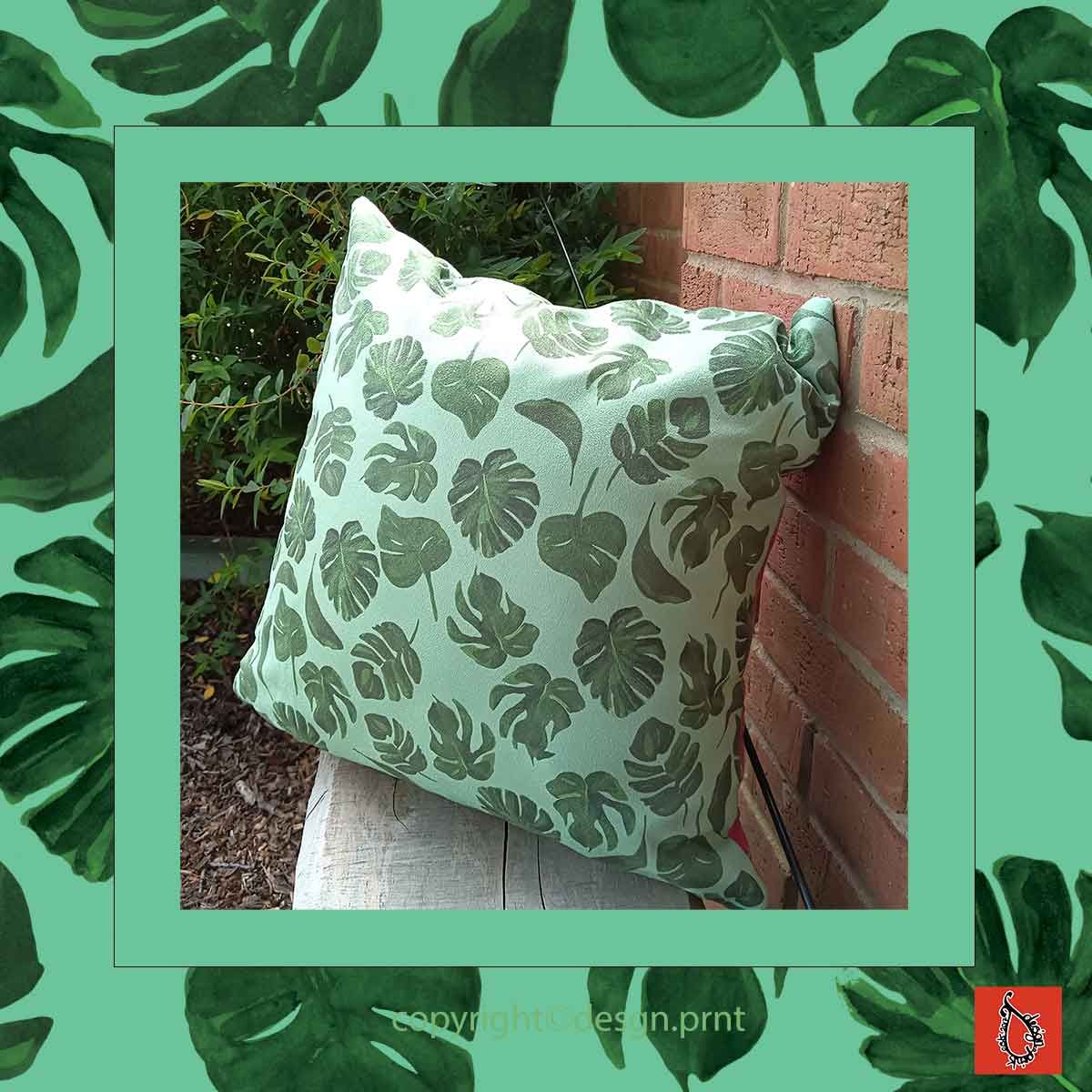 Montstera print faux suede green cushions
