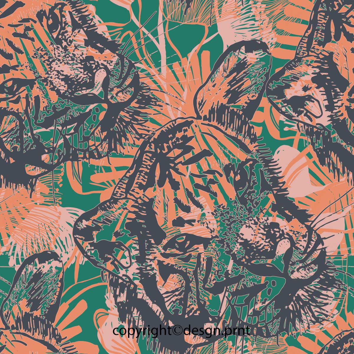 Animal print showing images of a tiger set on a backdrop of  jungle foliage. Tiger print