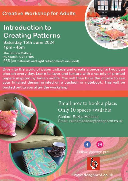 Poster for an adult creative workshop in Nuneaton, Warwickshire delivered by Rakha Madahar of desgn.prnt on Saturday 15th June 2024.
