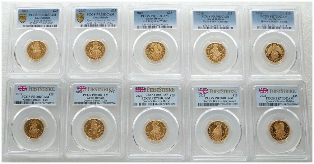 2017 - 2021 Queen's Beasts £25 Gold Proof 10 Coin Set PCGS PR70 DCAM First Strike