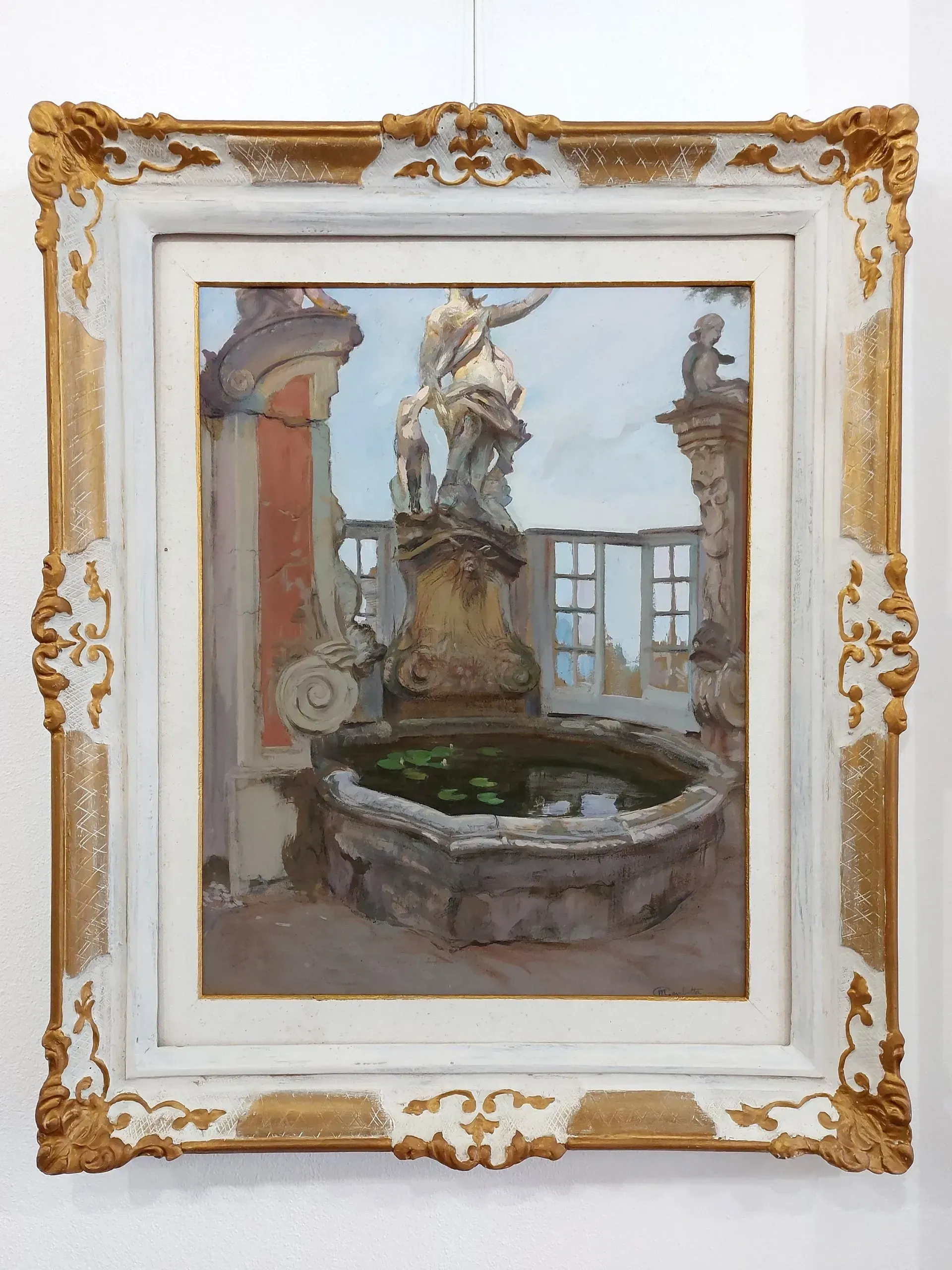 Statua in giardino. Olio su tavola cm 70x54