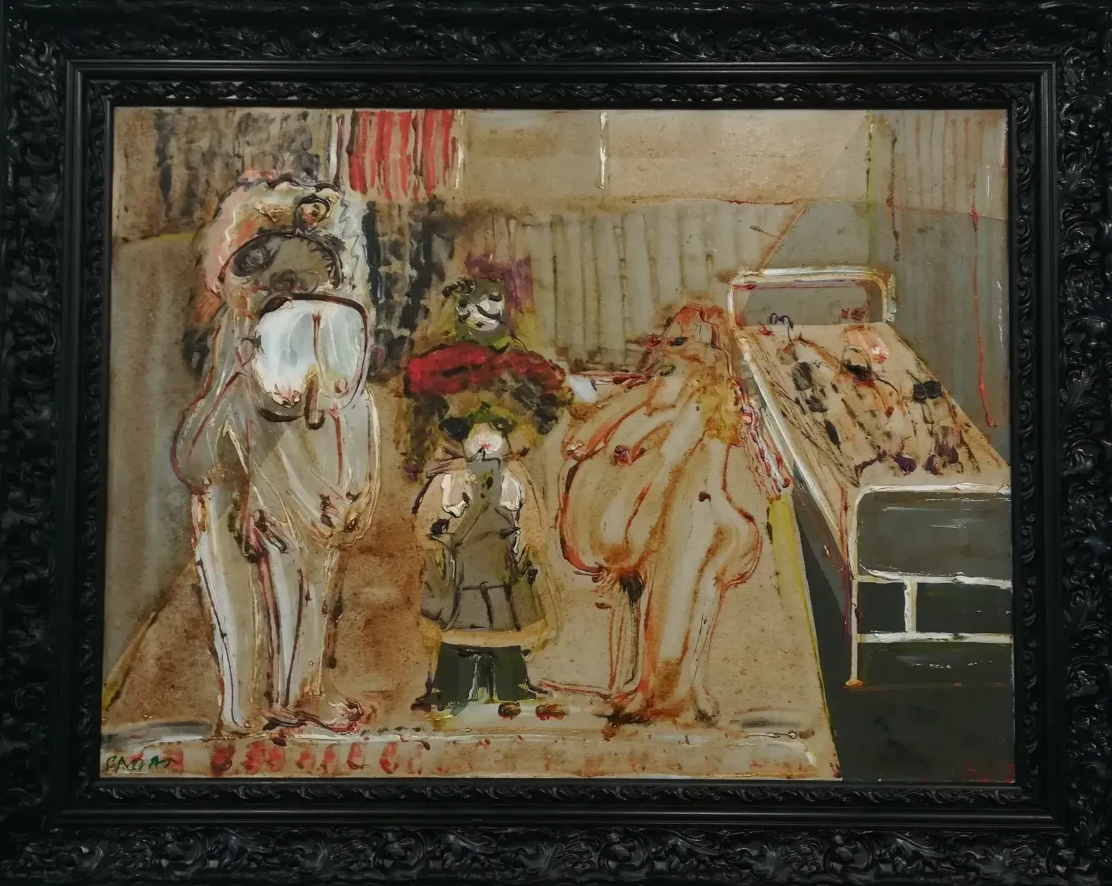 Quadro che mostra un letto e tre persone.