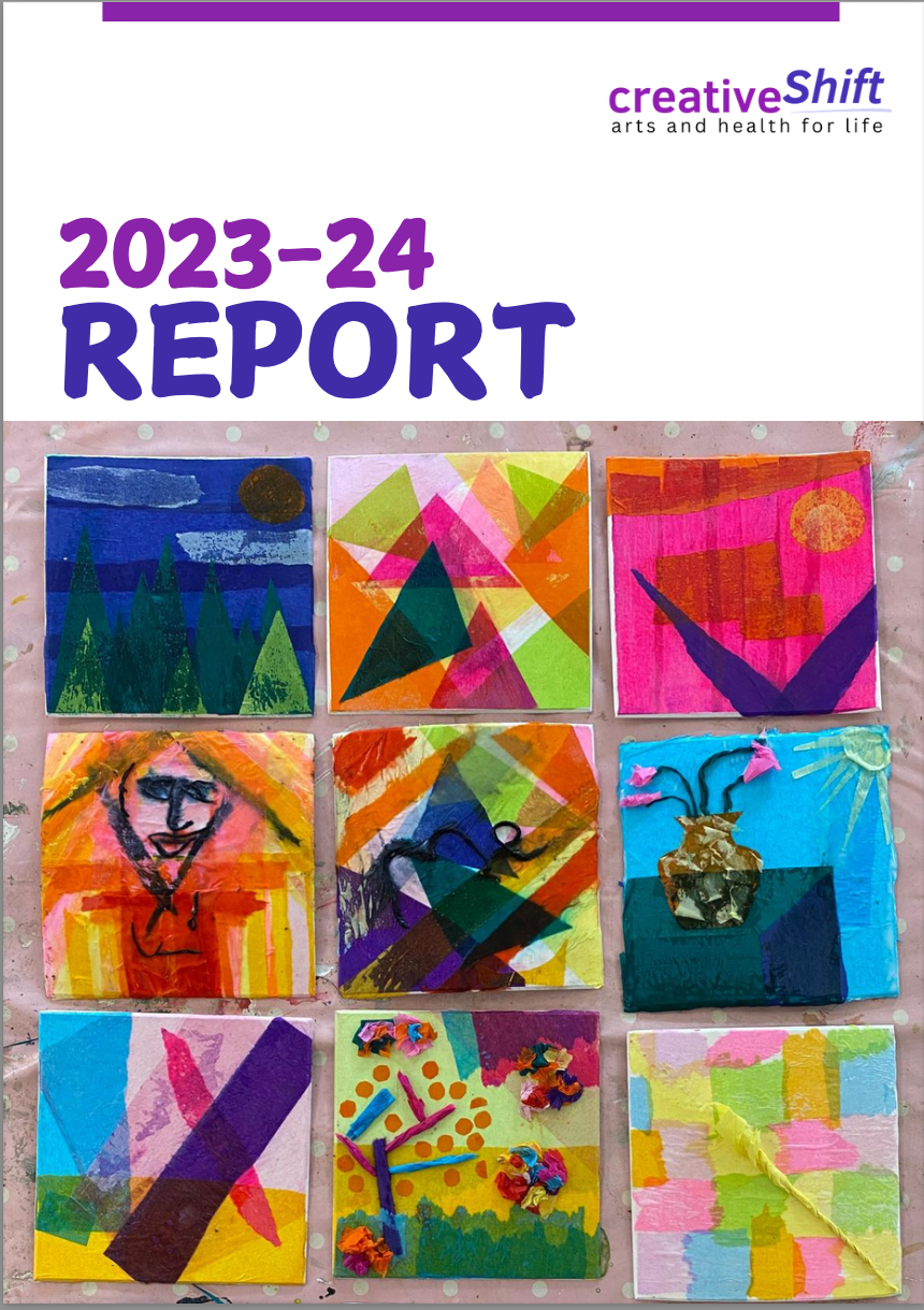 Screenshot of cover for creativeshift annual report with hand drawn images and the title 2023-24 report and creativeshift logo