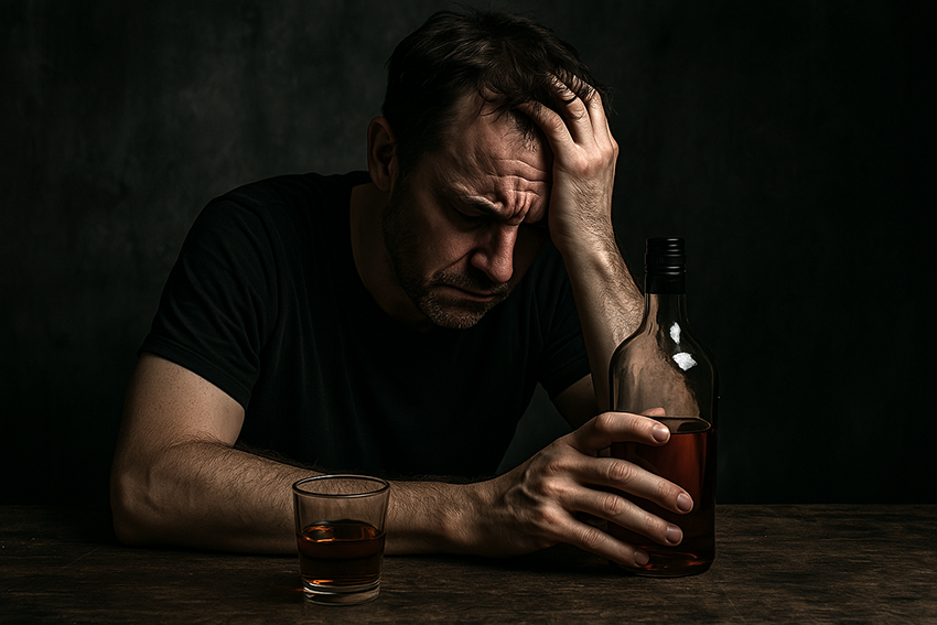 Alkoholsucht als Spiegel innerer Abgründe.
Symbolisches Bild zur Alkoholsucht: Eine dunkle, einsame Gestalt sitzt in einer leeren Bar, umgeben von leeren Flaschen – Sinnbild für inneren Schmerz und Abgrenzung