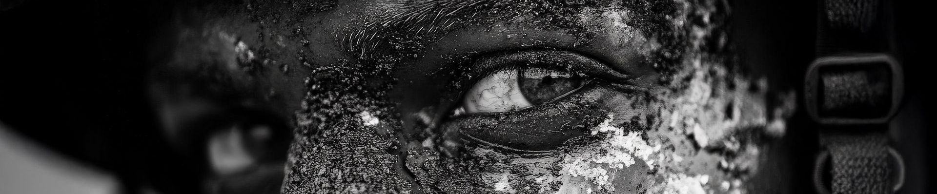 Ausgelaugtes, schmutziges Gesicht eines Soldaten, Symbol für die Belastungen und Herausforderungen des Lebens auf dieser Erde