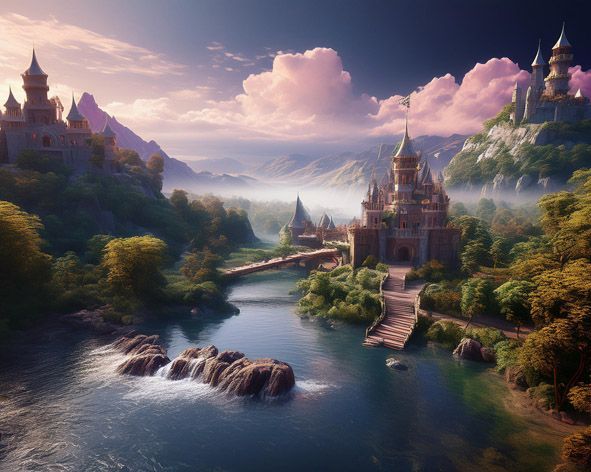 Märchenhafte Landschaft mit einer Burg unter einem malerischen Wolkenhimmel, Symbol für vergangene Leben und die Geheimnisse, die durch Rückführungen entdeckt werden können