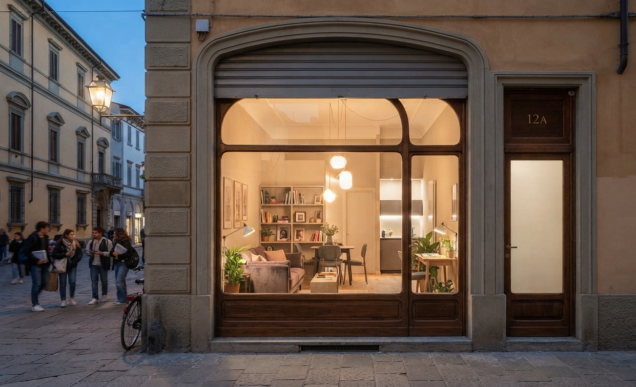 Veduta esterna di un edificio d'epoca al tramonto con un piano terra trasformato da negozio in un mo