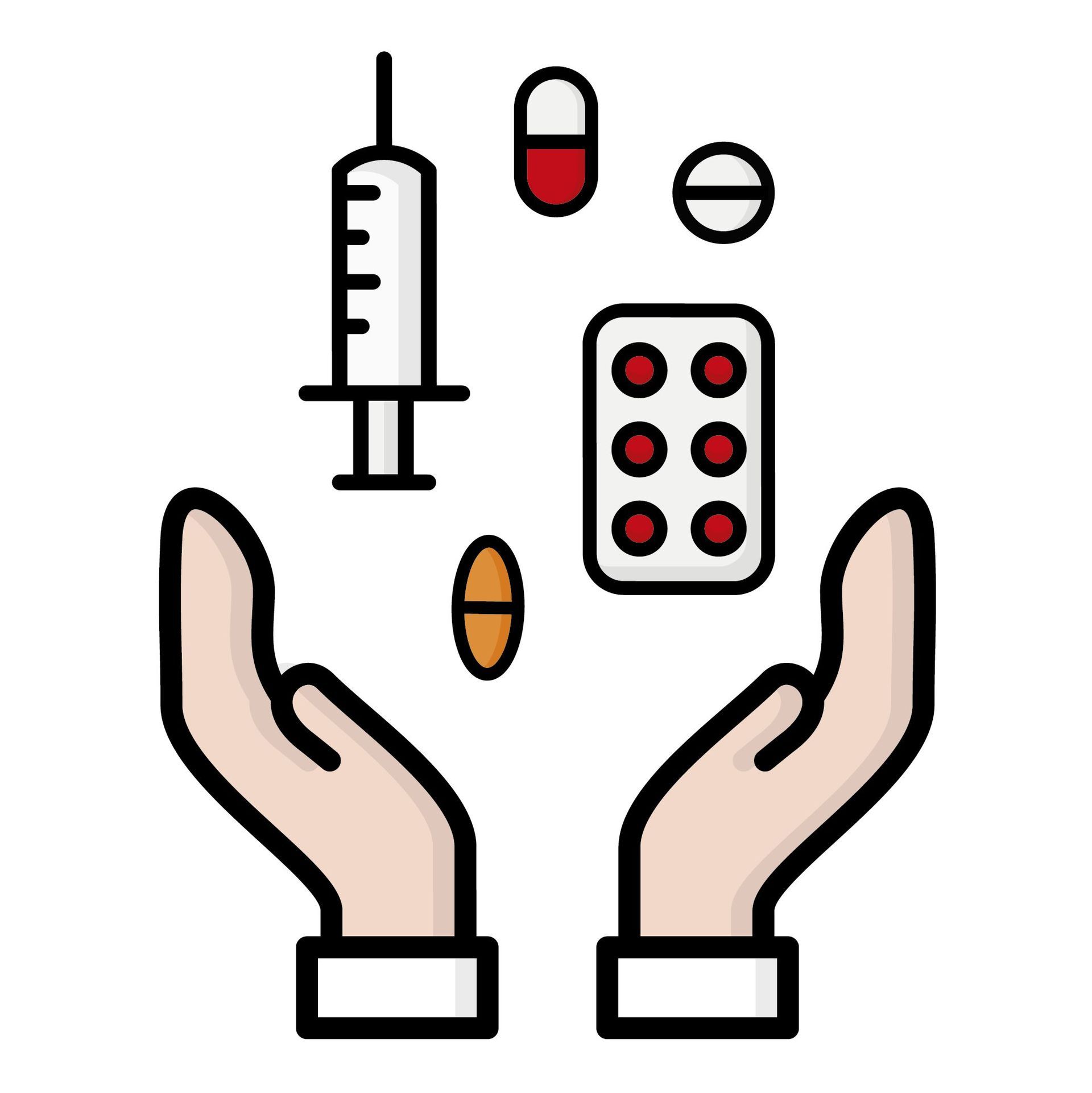 Bild mit zwei Händen die Tabletten und eine Spritze hochwerfen.