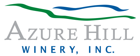 azure hill winery logo white background with blue and gray text and swashes of blue and green