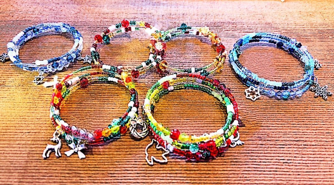Holiday charm bead bracelets made of beads by the owner of the winery