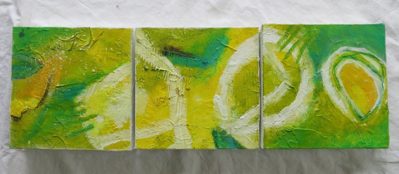 Detailbilder folgen Gemälde handgemalt Einzelstück Unikat Bild Kunst dreiteilig abstrakt handgemalt handmalerei Bilder regine seelbach grün gelb weiß Kunst Kunstunikat