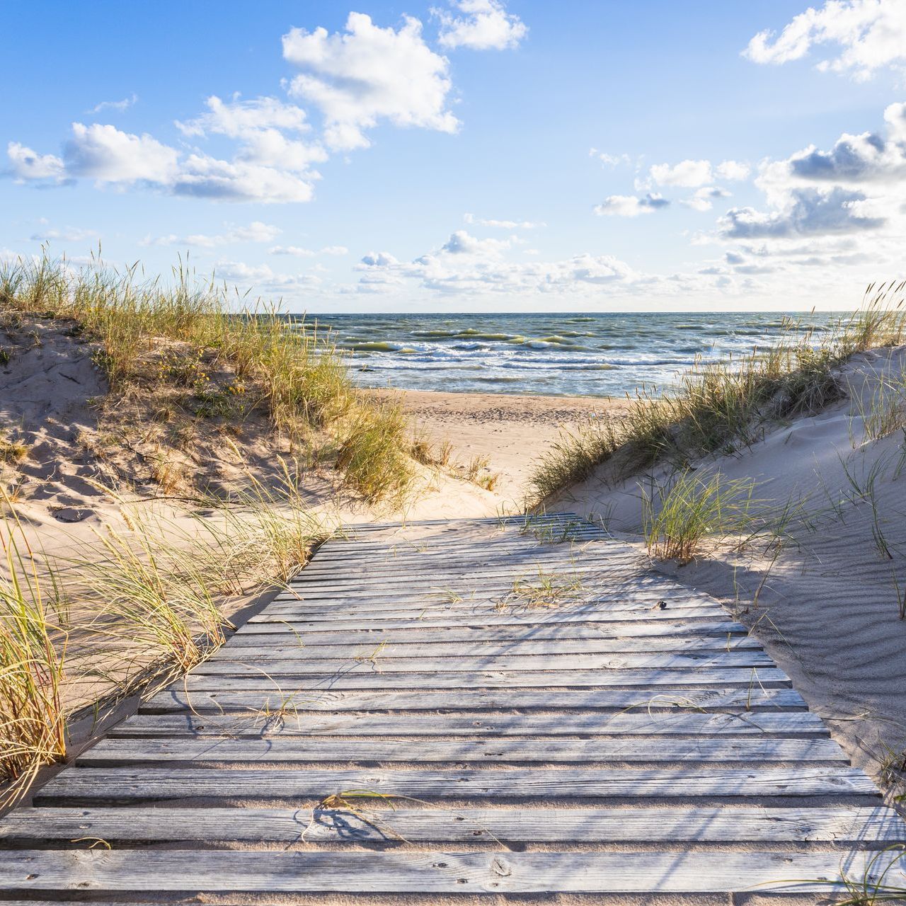Ein Weg führt durch Sanddünen zur blauen Ostsee