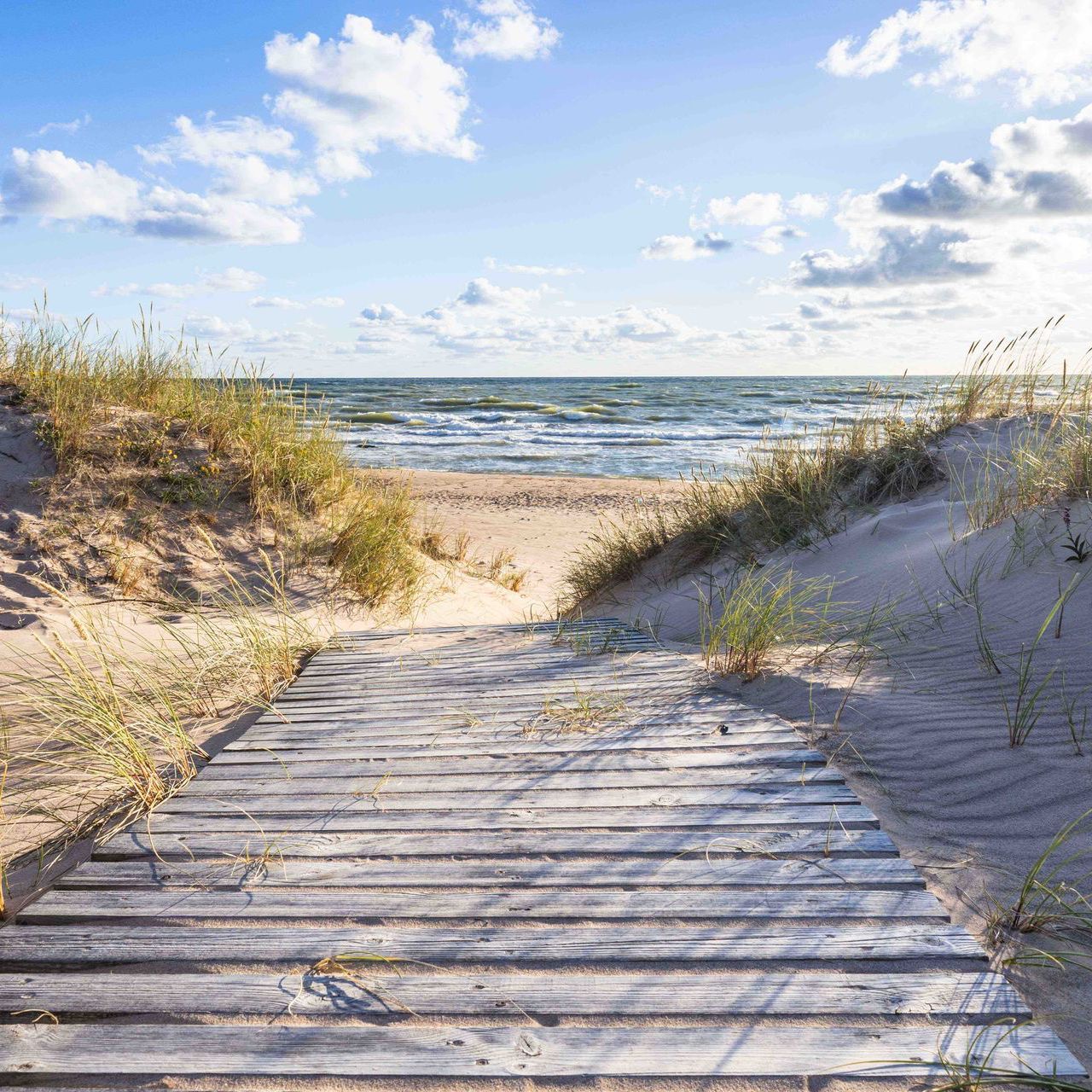 Ein Weg führt durch Sanddünen zur blauen Ostsee
