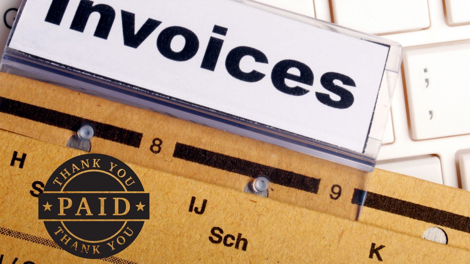 an invoice file tab on a paper folder on top of a white keyboard