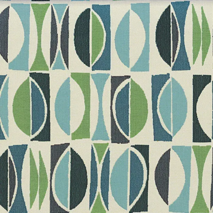 Motif rétro abstrait Casamance Amalfi aux nuances de bleu ciel, vert d'eau et bleu marine.