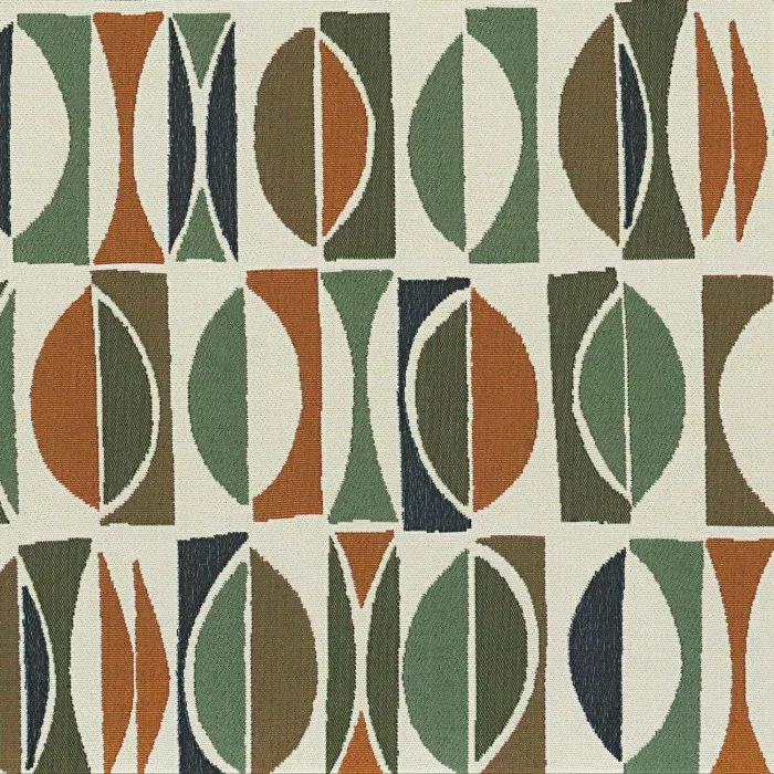 Tissu Casamance collection Amalfi aux motifs géométriques abstraits tons vert olive, ocre et bleu marine.